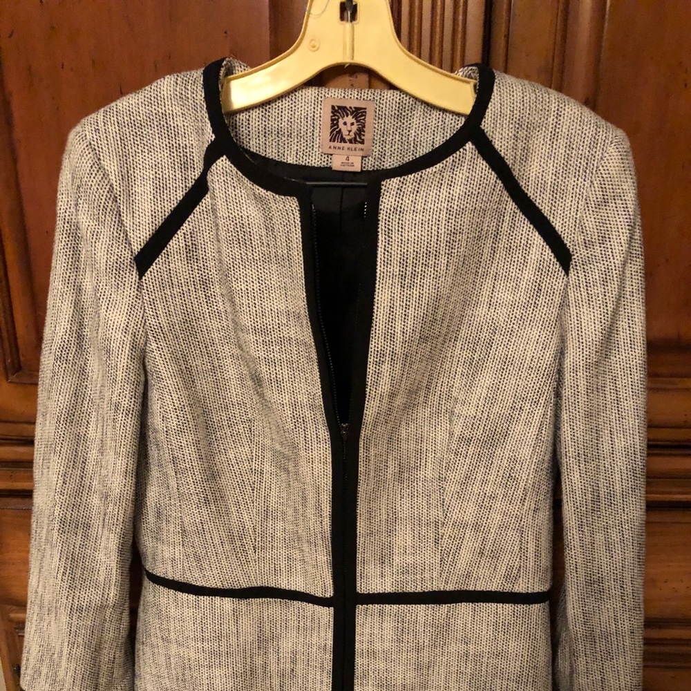 Black and white with black full zipper blazer.